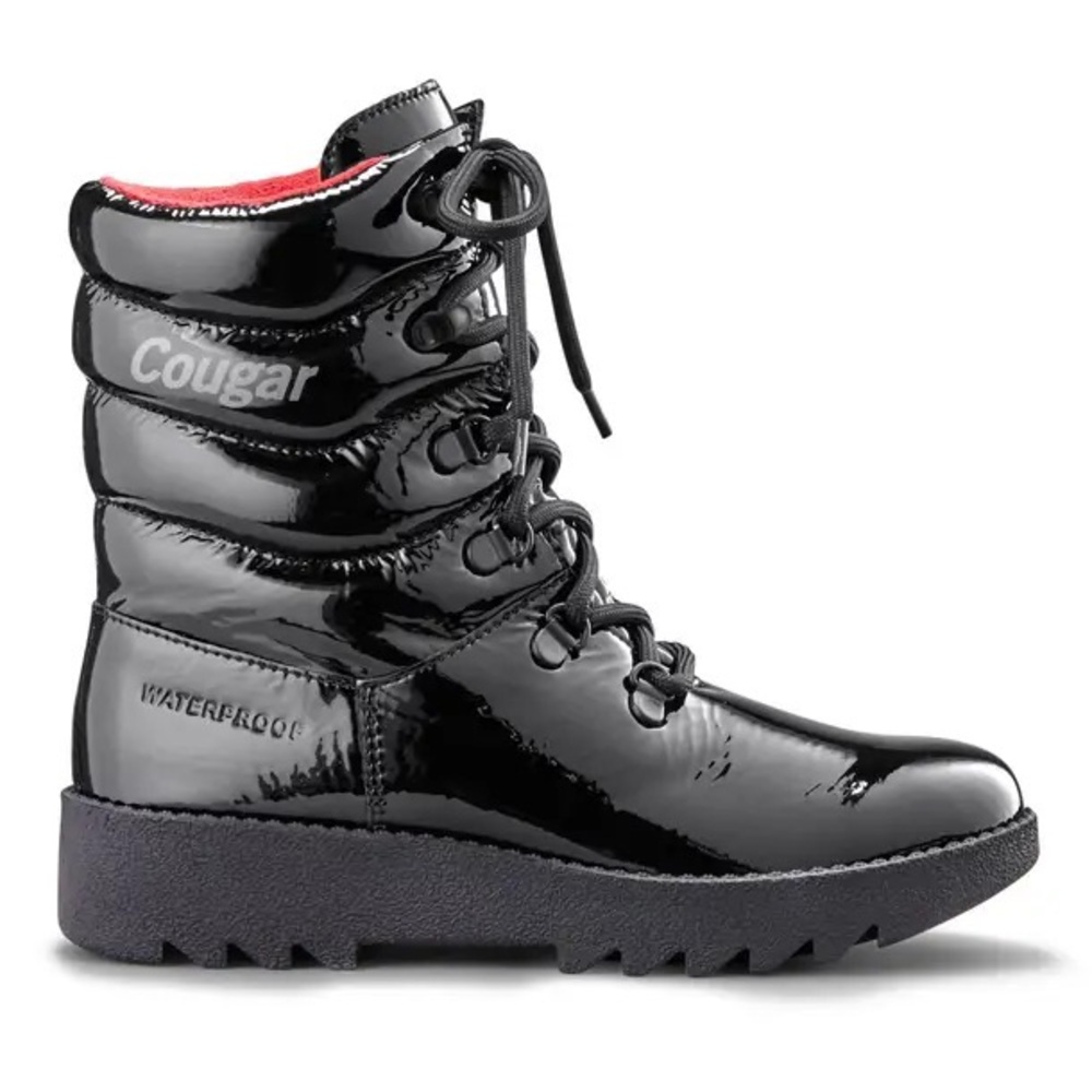 Cougar Black Patent Lace-Up Winter Boot with Red Lining